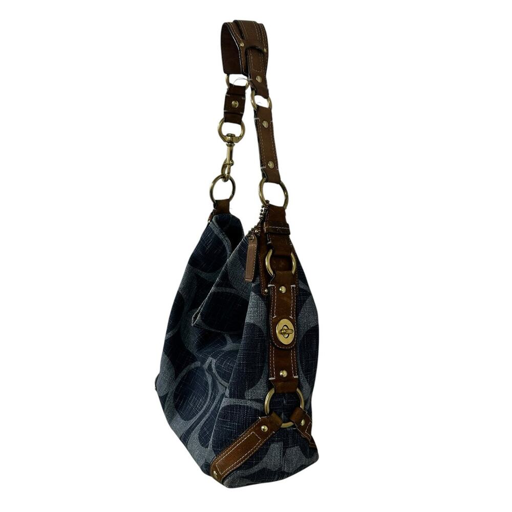Y2K Coach Signature Print Carly Denim Hobo Brown Leather Trim Shoulder Bag - Picture 5 of 11